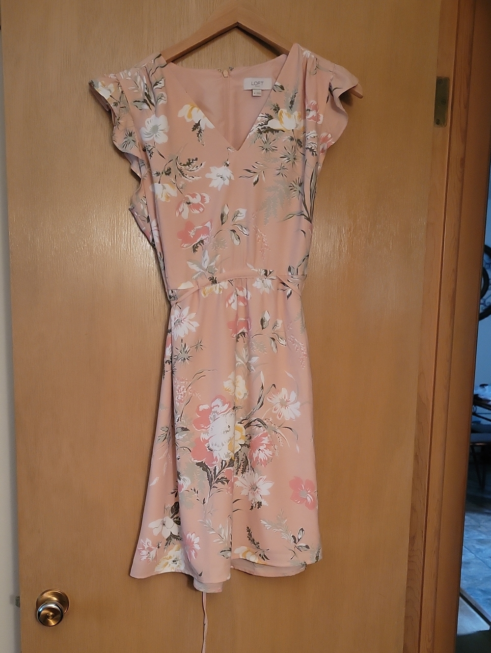 LOFT Pink Floral V-Neck Flutter Sleeve Dress